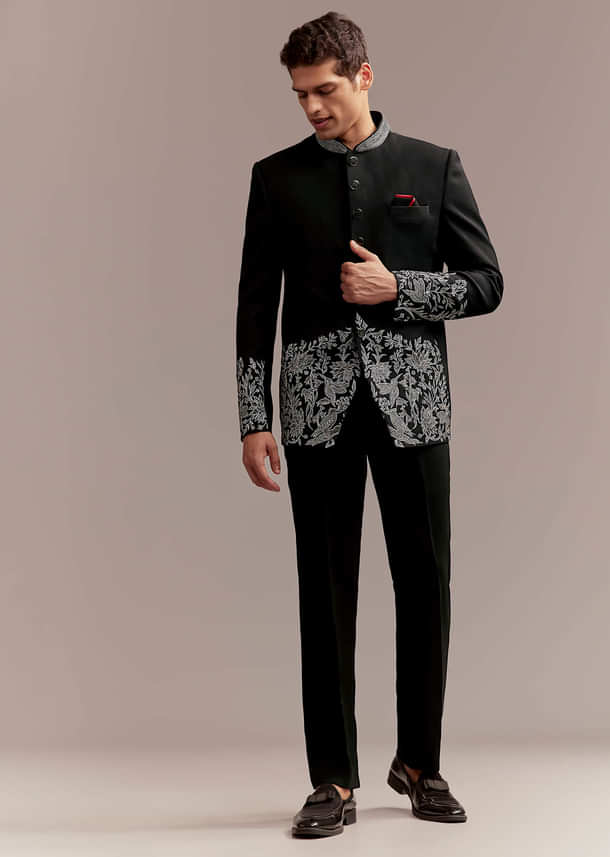 Black Jodhpuri Suit For Men With Silver Floral And Bird Embroidery Black Jodhpuri Suit For Men With Silver Floral And Bird Embroidery