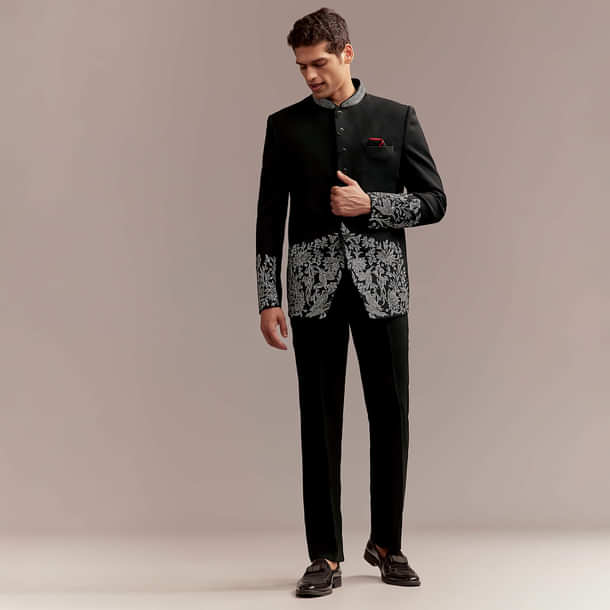 Black Jodhpuri Suit For Men With Silver Floral And Bird Embroidery Black Jodhpuri Suit For Men With Silver Floral And Bird Embroidery