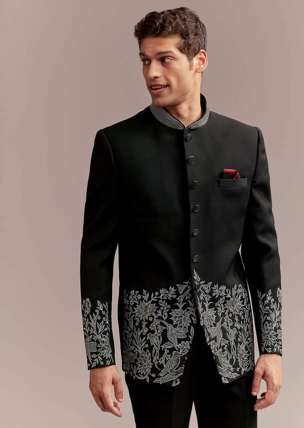 Black Jodhpuri Suit For Men With Silver Floral And Bird Embroidery Black Jodhpuri Suit For Men With Silver Floral And Bird Embroidery