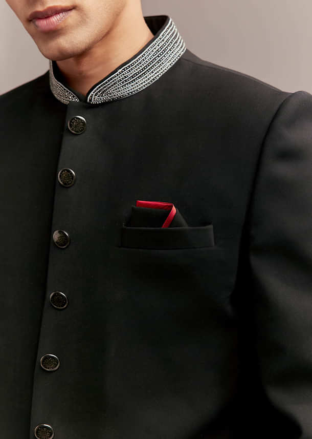 Black Jodhpuri Suit For Men With Silver Floral And Bird Embroidery Black Jodhpuri Suit For Men With Silver Floral And Bird Embroidery
