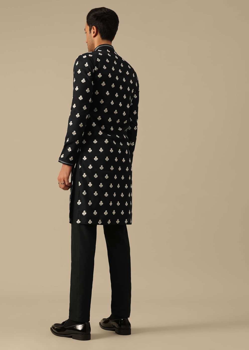 Black Kurta And Pant Set With Floral Motif Embellishments