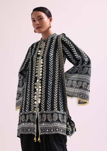 Printed With Embroidery Black Kurta Dhoti Set With Potali