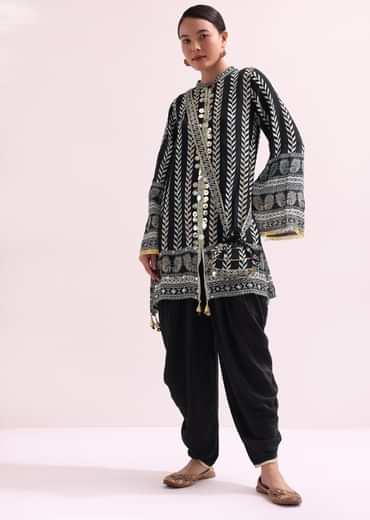 Printed With Embroidery Black Kurta Dhoti Set With Potali