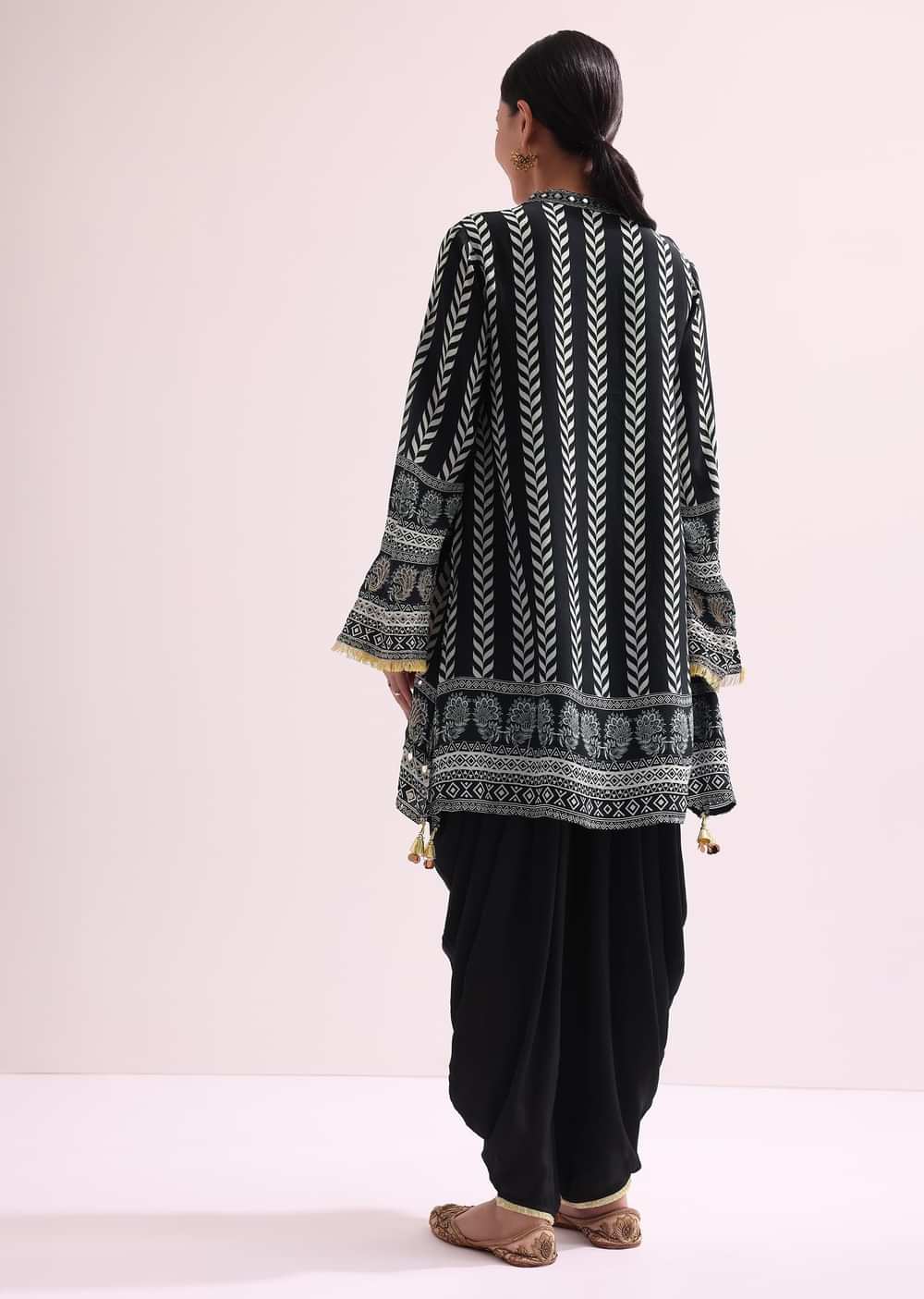 Printed With Embroidery Black Kurta Dhoti Set With Potali