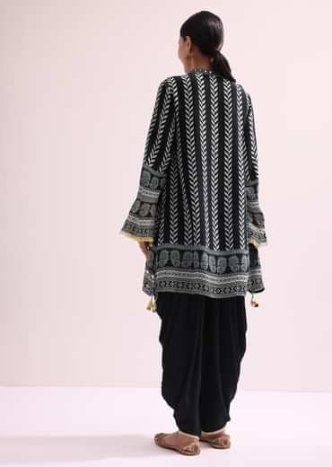 Printed With Embroidery Black Kurta Dhoti Set With Potali