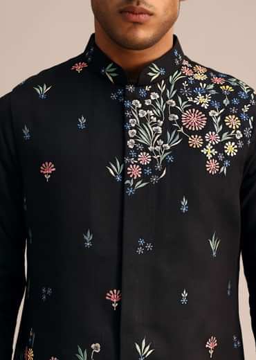 Black Kurta Jacket Set With Floral Embroidered Motifs