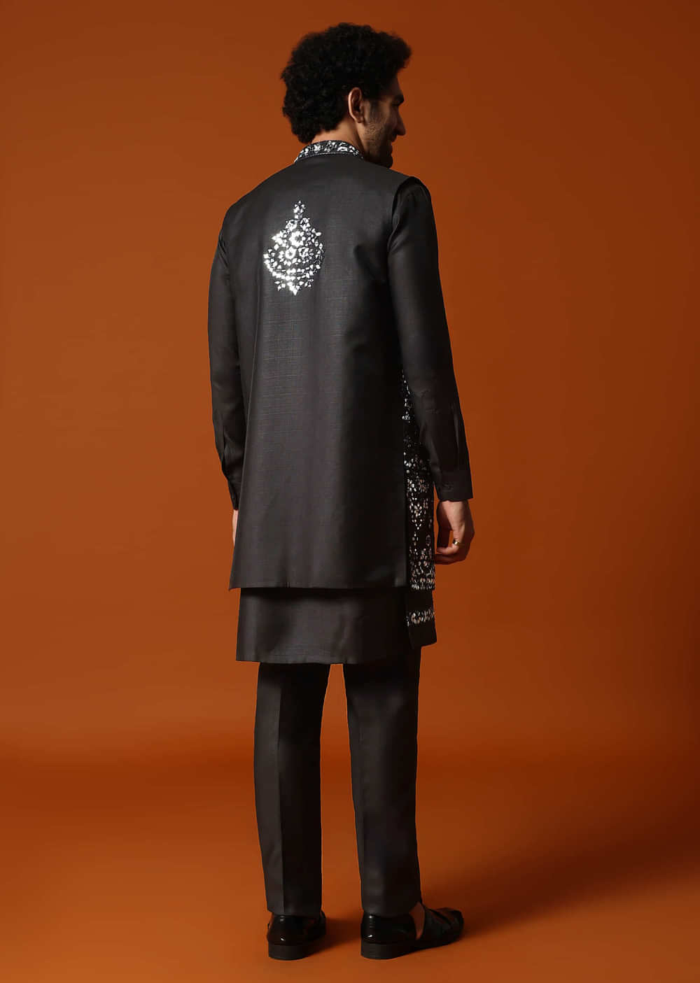 Black Kurta Jacket Set With Mirror Work For Men