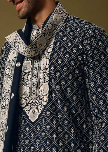 Black Kurta Pant Set With Dupatta In Resham Work