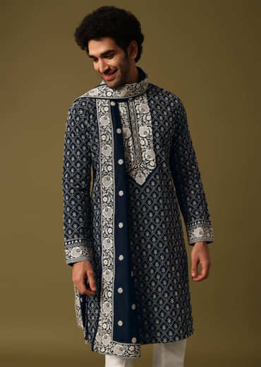 Black Kurta Pant Set With Dupatta In Resham Work