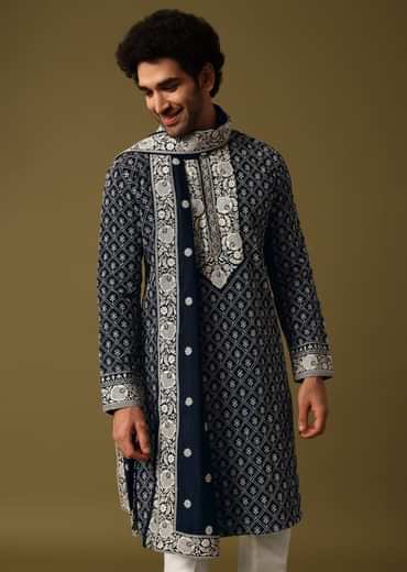 Black Kurta Pant Set With Dupatta In Resham Work