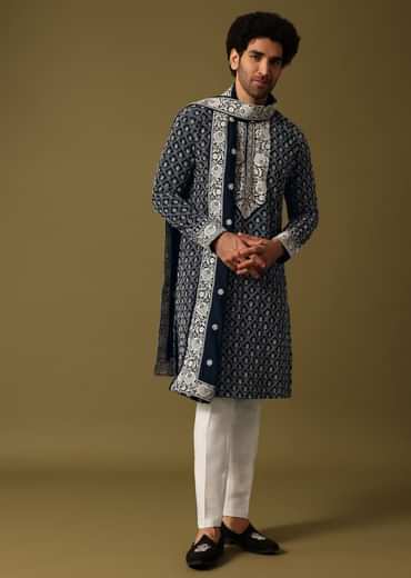 Black Kurta Pant Set With Dupatta In Resham Work