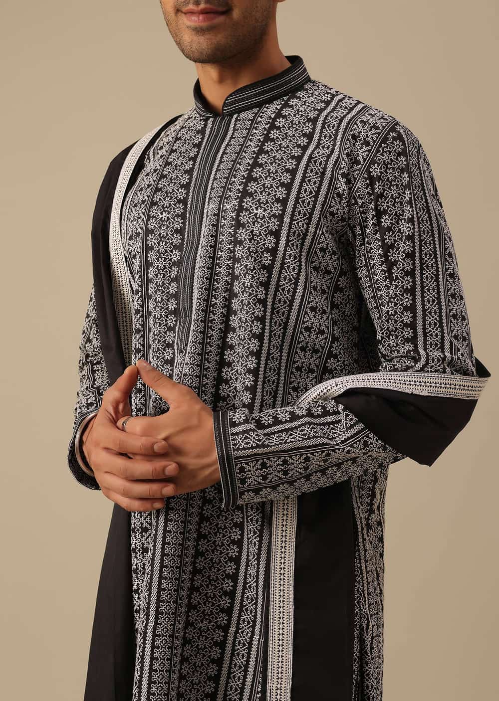 Black Kurta Set In Cotton Silk With Floral Motifs And Dupatta