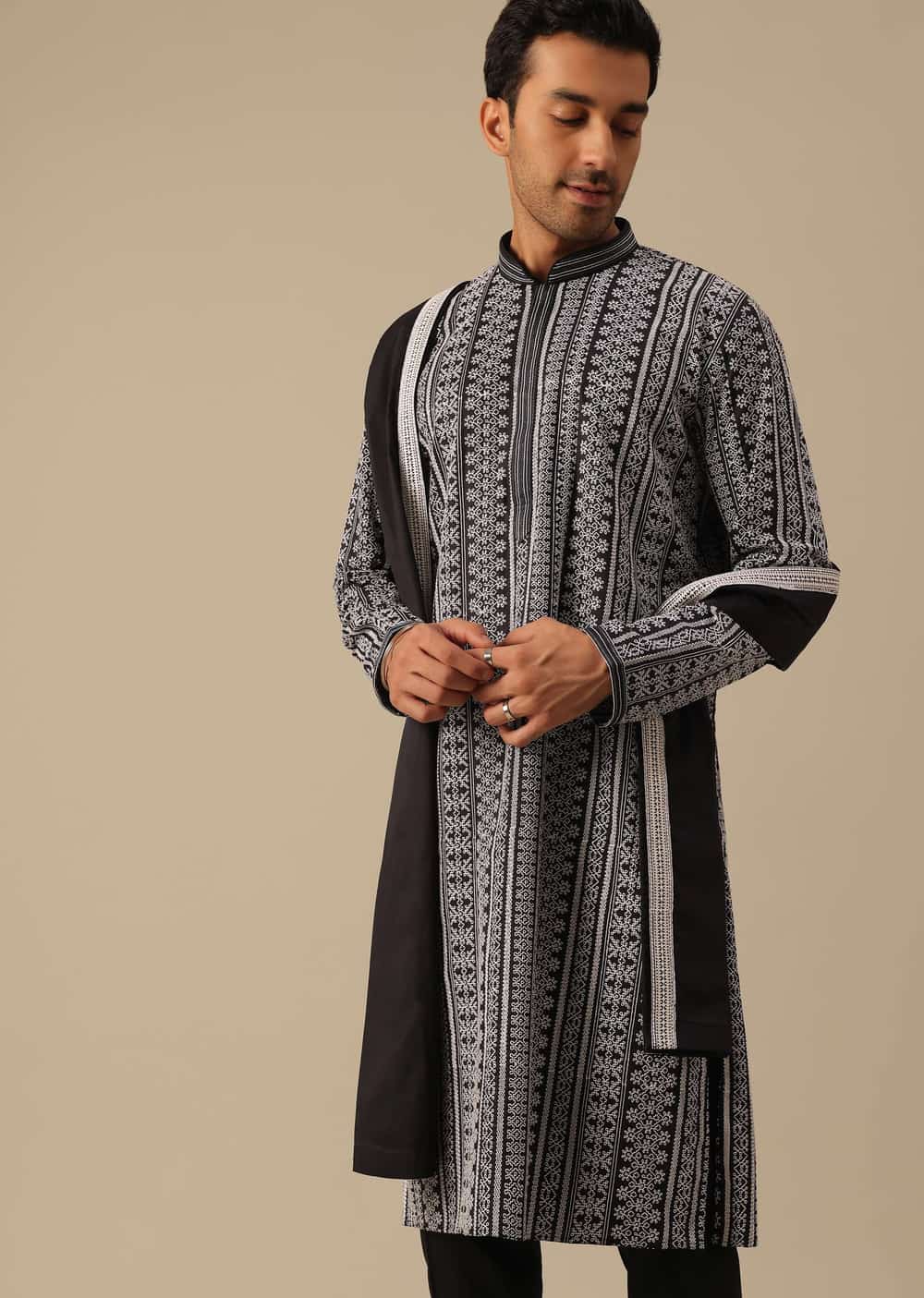Black Kurta Set In Cotton Silk With Floral Motifs And Dupatta