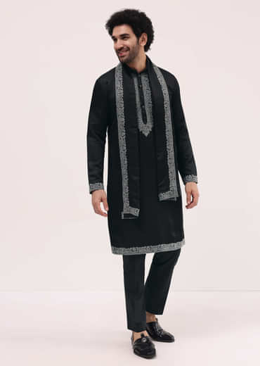 Black Kurta Set In Resham Work With Dupatta For Men