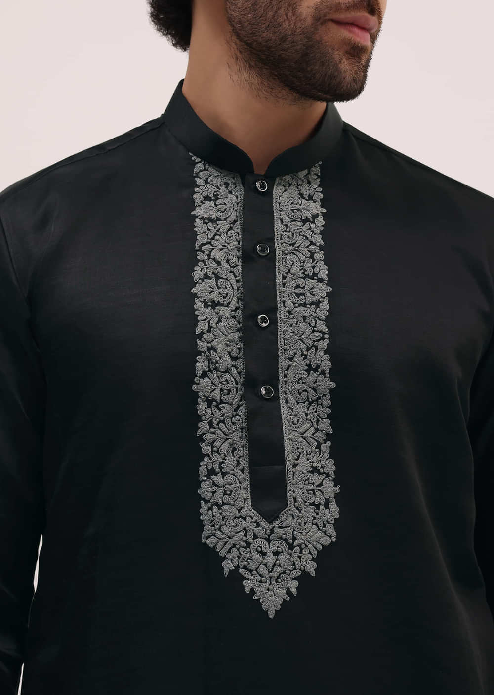 Black Kurta Set In Resham Work With Dupatta For Men