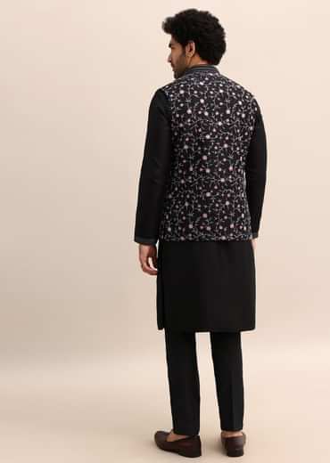Black Kurta Set With Embroidered Jacket