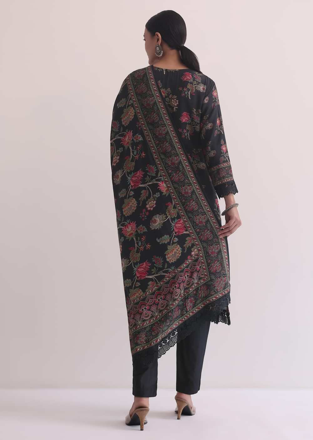 Black Kurti Pant Set With Printed Dupatta