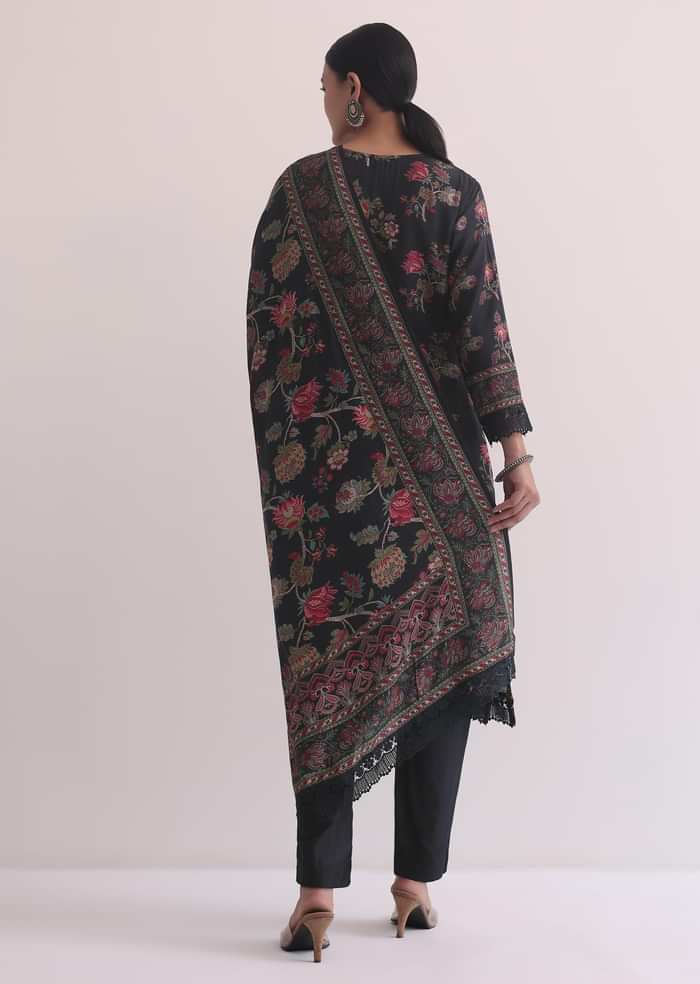 Black Kurti Pant Set With Printed Dupatta