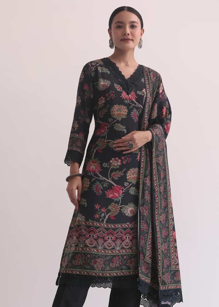 Black Kurti Pant Set With Printed Dupatta