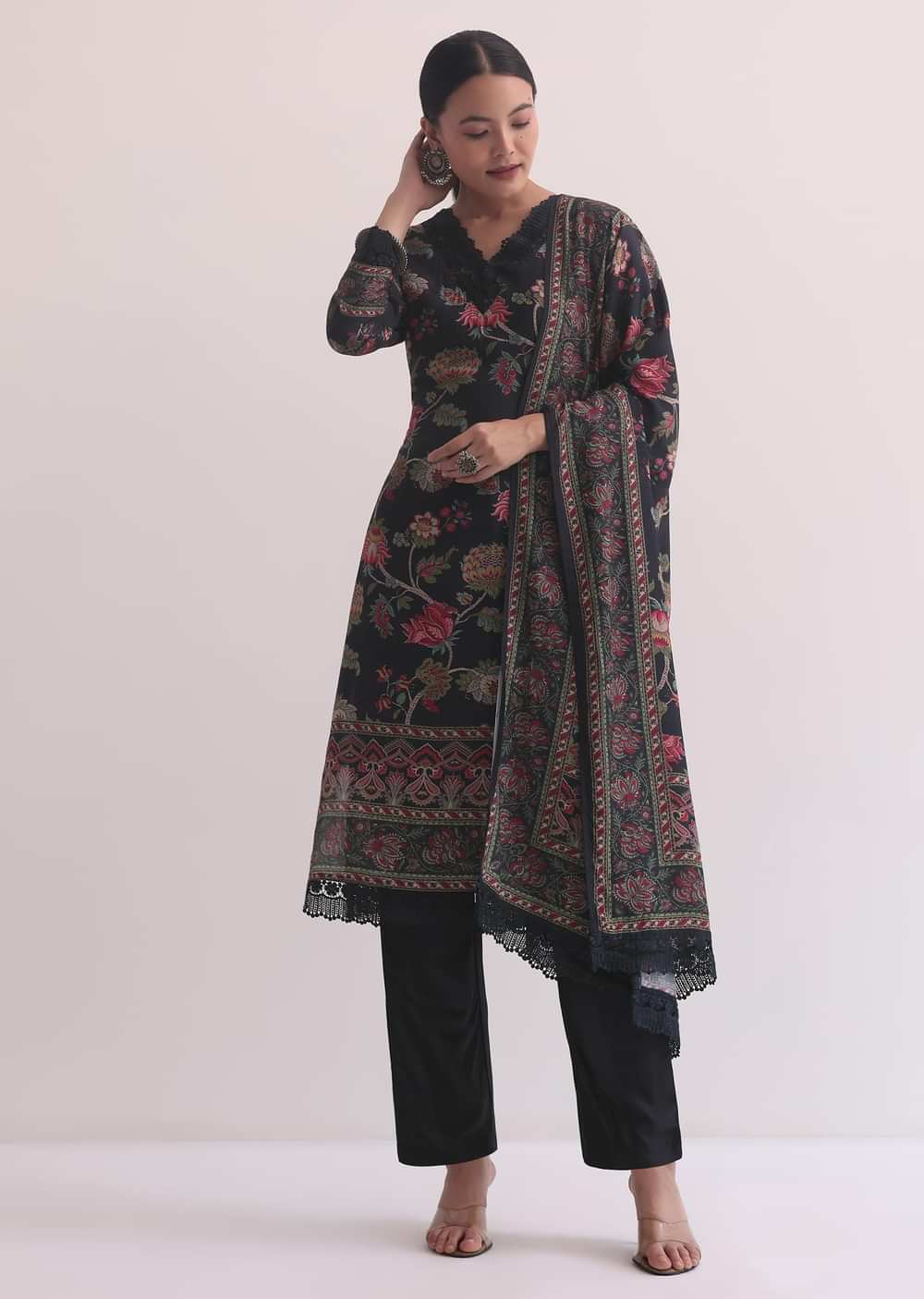 Black Kurti Pant Set With Printed Dupatta