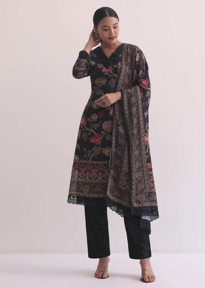 Black Kurti Pant Set With Printed Dupatta