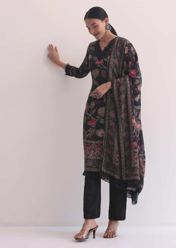 Black Kurti Pant Set With Printed Dupatta