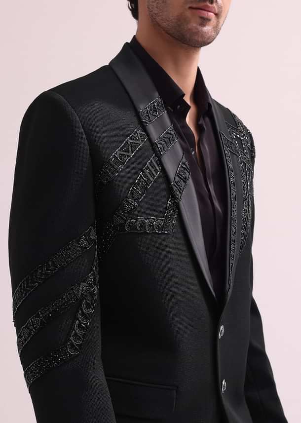 Black Lapel Hand Embroidered Tuxedo With Shirt And Pants
