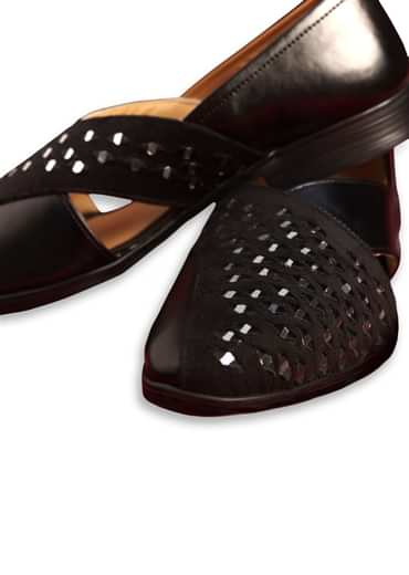 Black Leather And Velvet Jutti With Mirror Work