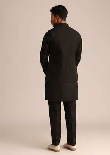 Black Linen Floral Resham Work Jacket Kurta Set