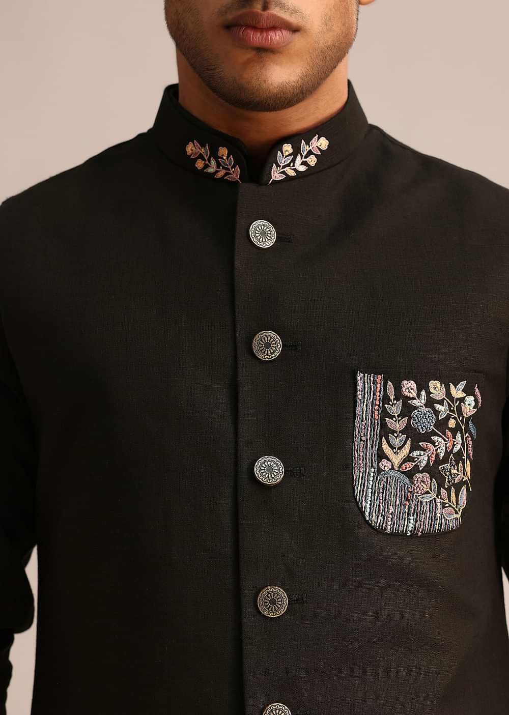 Black Linen Floral Resham Work Jacket Kurta Set
