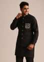 Black Linen Floral Resham Work Jacket Kurta Set