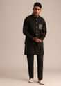 Black Linen Floral Resham Work Jacket Kurta Set