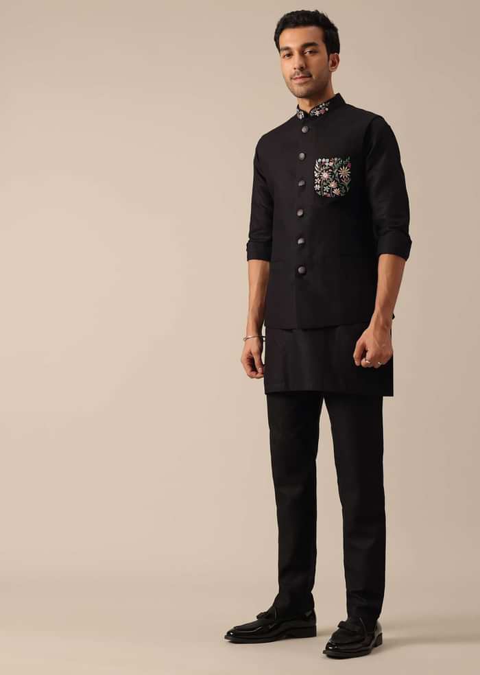 Black Linen Jacket And Kurta Set