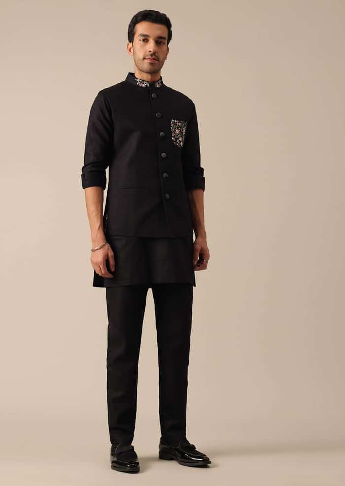 Black Linen Jacket And Kurta Set