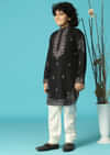 Black Linen Kurta Pant Set With Resham Work For Boys