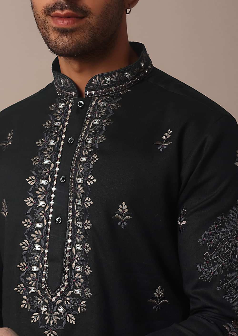 Black Linen Kurta Set With Intricate Yoke Work