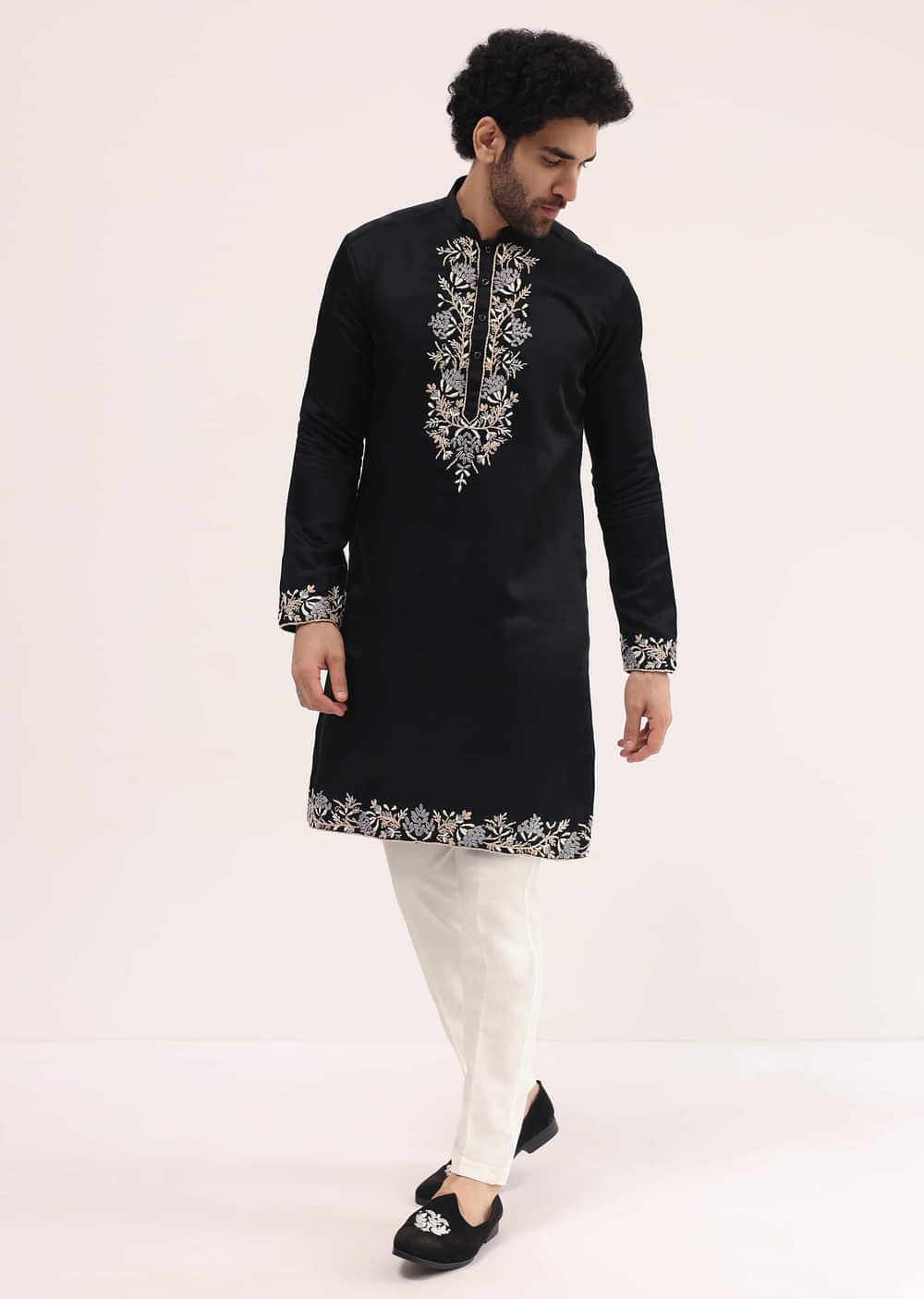 Black Linen Kurta Set With Resham Work For Men