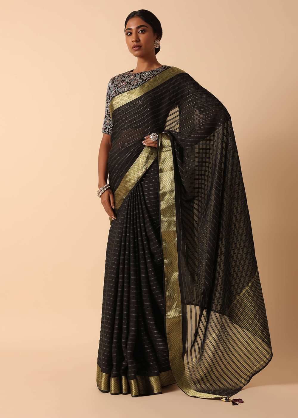 Black Linen Saree With Readymade Stitched Blouse