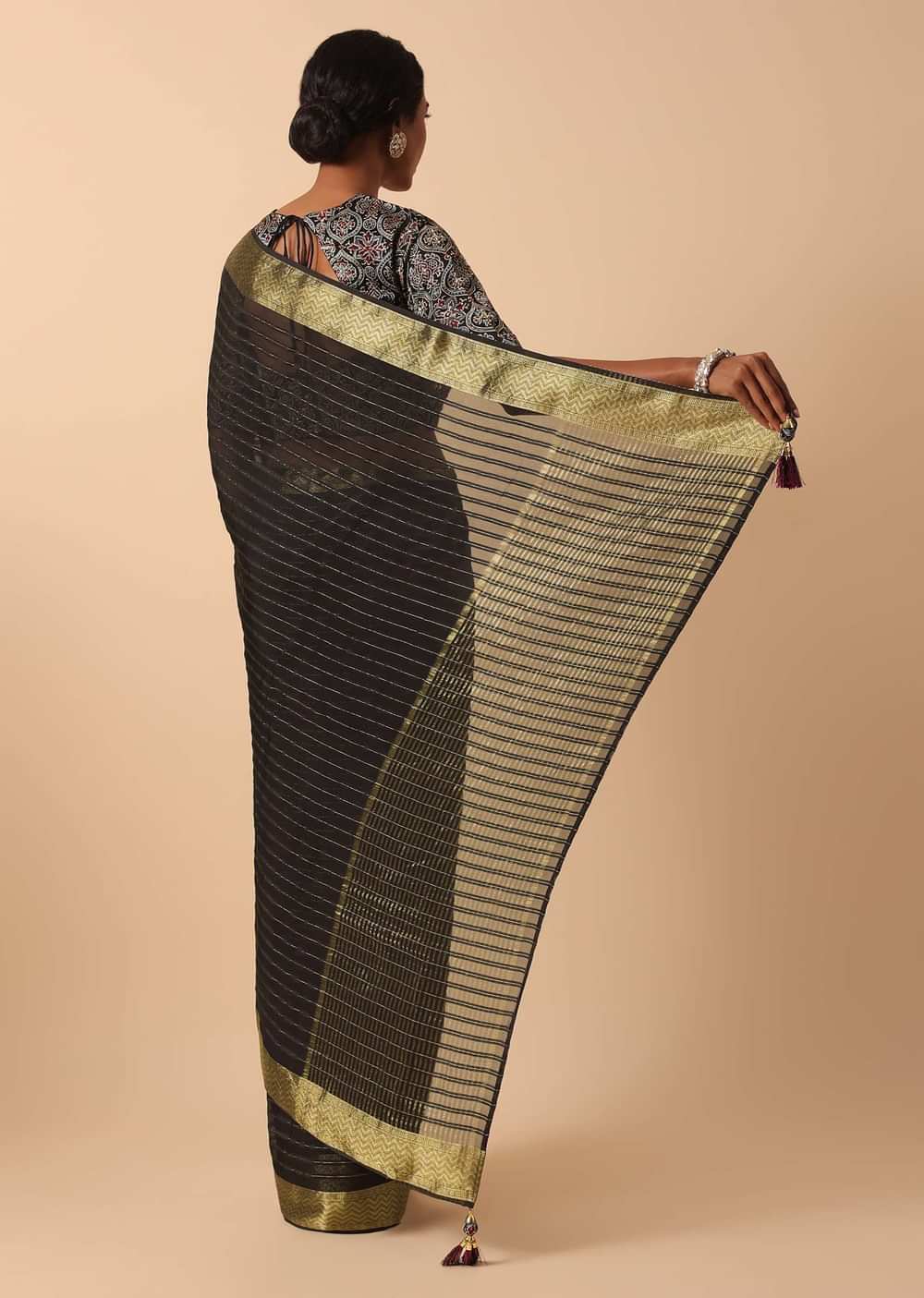 Black Linen Saree With Readymade Stitched Blouse