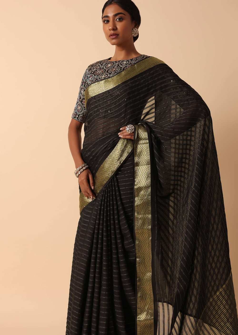 Black Linen Saree With Readymade Stitched Blouse