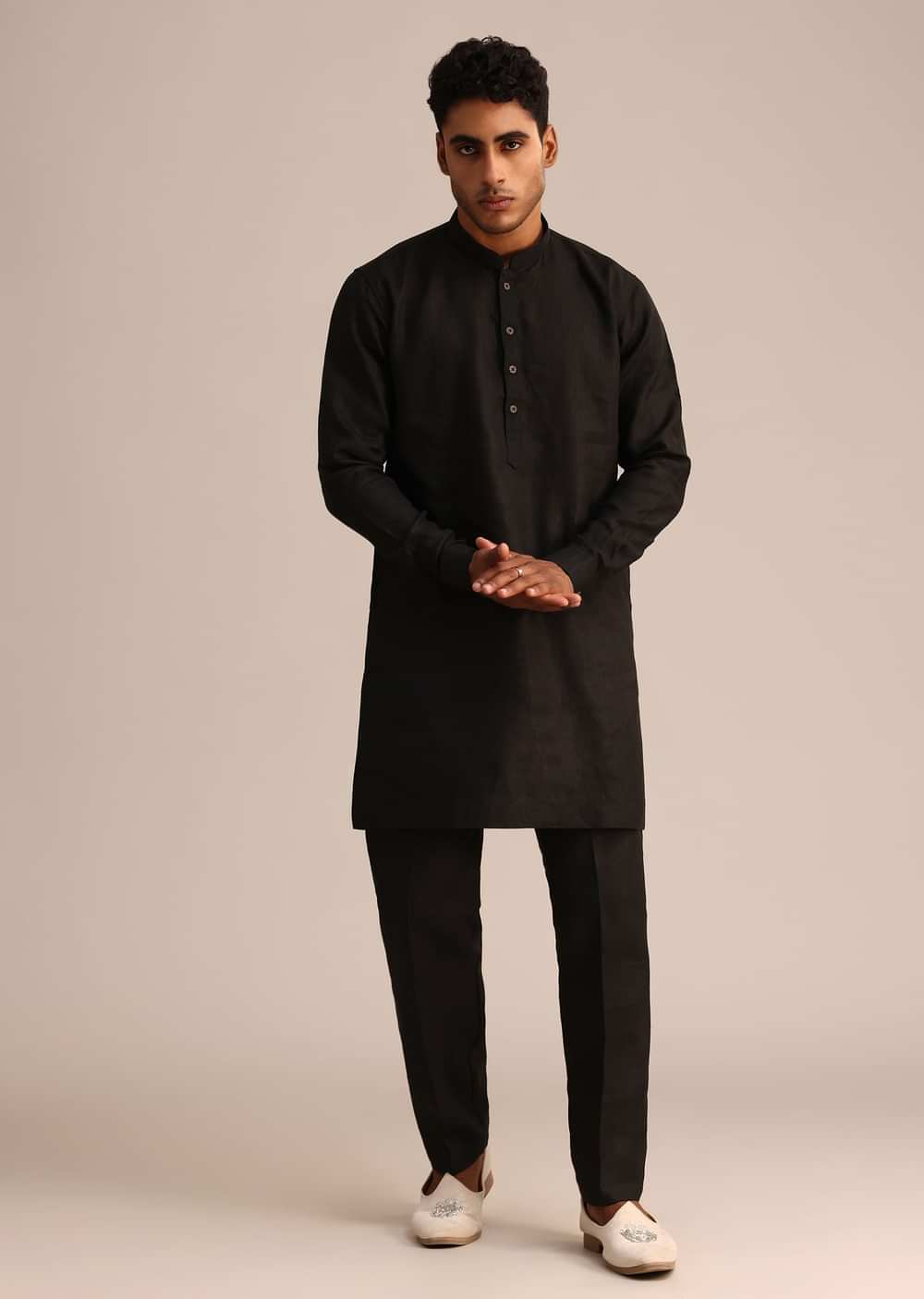 Black Linen Zardosi Embroidered Jacket Kurta Set
