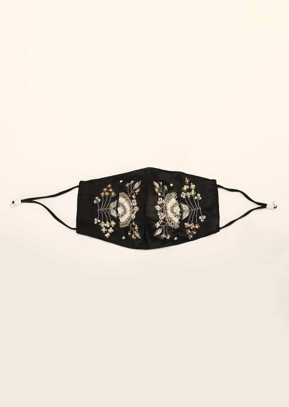 Black Mask In Satin Silk With Moti And Zardosi Embroidered Floral Motif