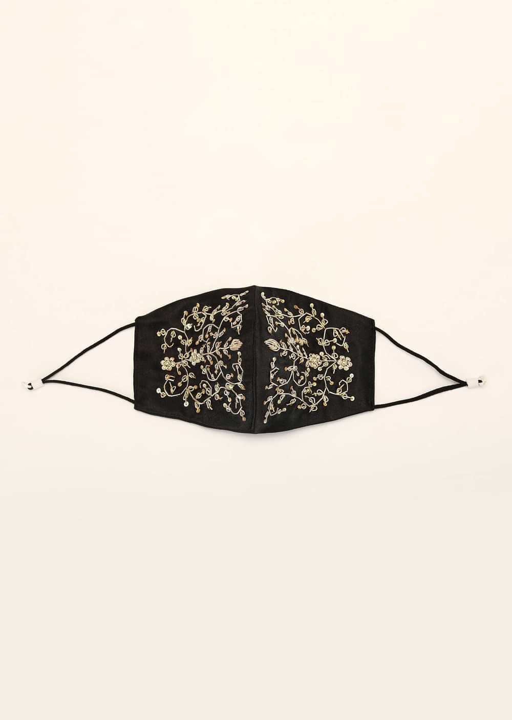 Black Mask In Satin Silk With Moti And Zardosi Embroidered Design All Over
