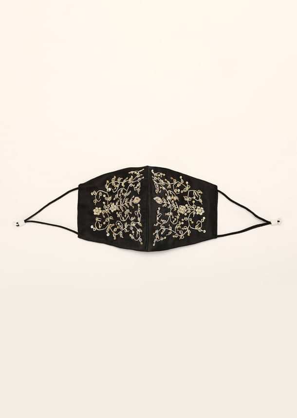 Black Mask In Satin Silk With Moti And Zardosi Embroidered Design All Over