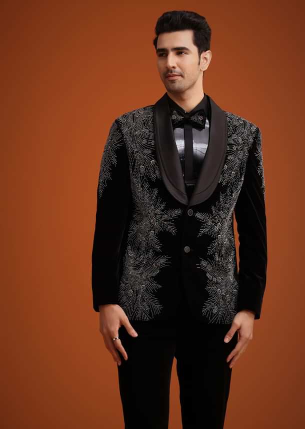 Black Micro Velvet Cutdana Embellished Tuxedo Set Black Micro Velvet Cutdana Embellished Tuxedo Set