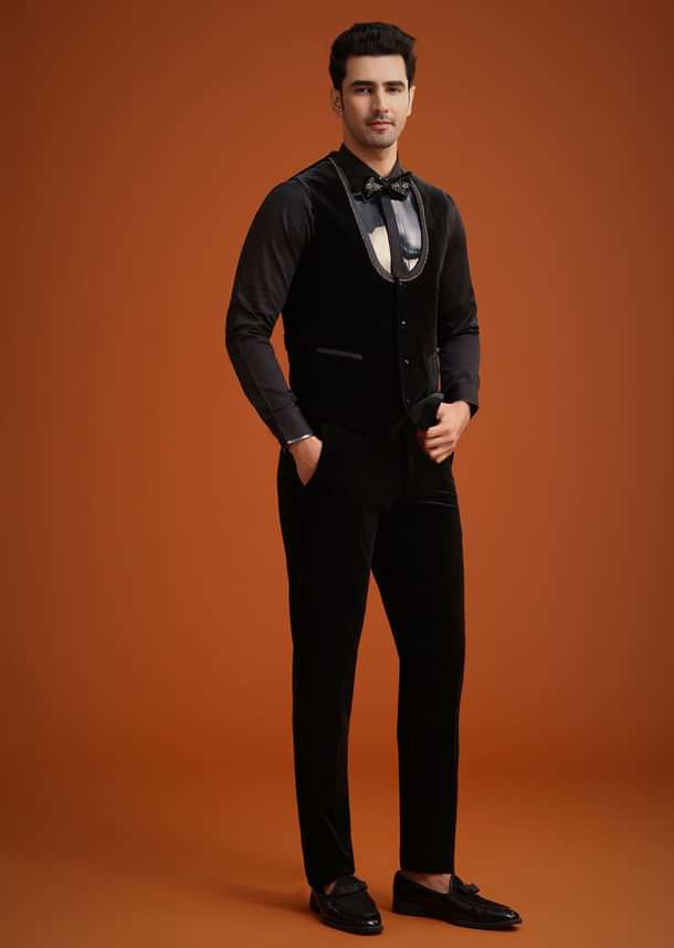 Black Micro Velvet Cutdana Embellished Tuxedo Set Black Micro Velvet Cutdana Embellished Tuxedo Set