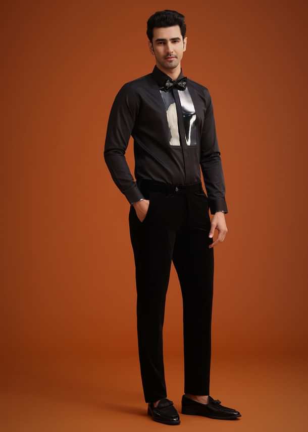 Black Micro Velvet Cutdana Embellished Tuxedo Set Black Micro Velvet Cutdana Embellished Tuxedo Set