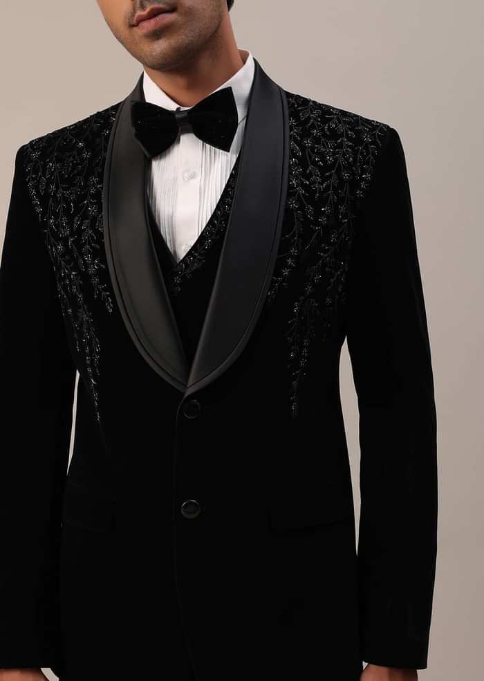 Black Micro Velvet Tuxedo Set With Cut Work Detailing