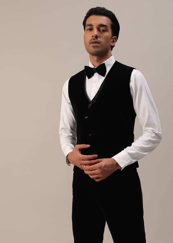 Black Micro Velvet Tuxedo Set With Cut Work Detailing