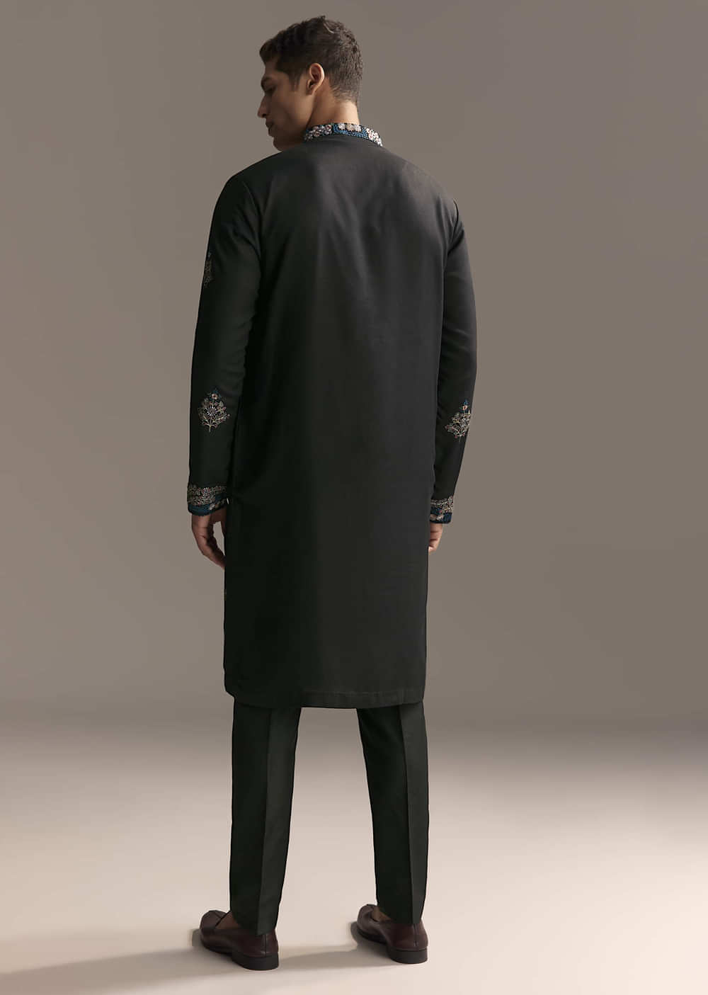 Black Modal Kurta Set For Men With Floral Resham Embroidery